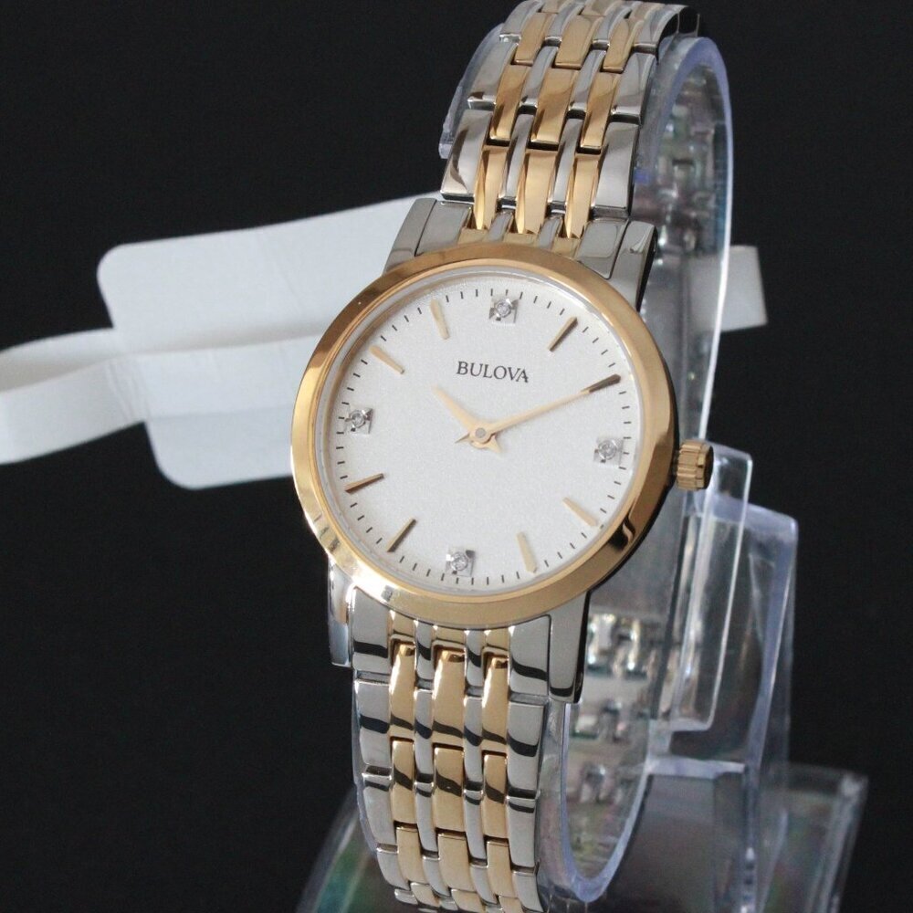 Bulova Ladies Sutton Classic Quartz Watch Four Diamond Accents Two Tone 27mm - Picture 4 of 13